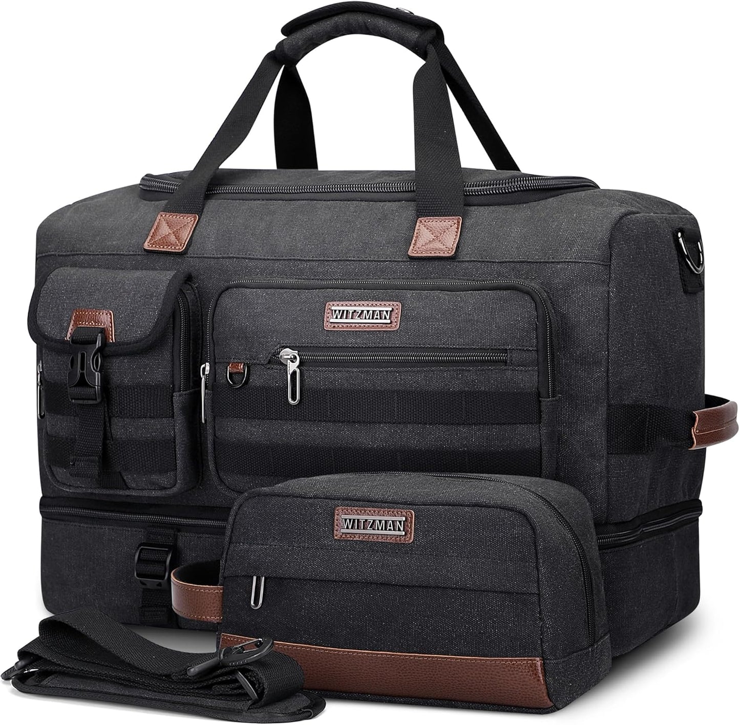 WITZMAN Duffle Bag for Men 50L Canvas Weekender Overnight Bag with Toiletry Bag Sets Travel Duffel Bag Shoes Compartment（A8010-2 Black）