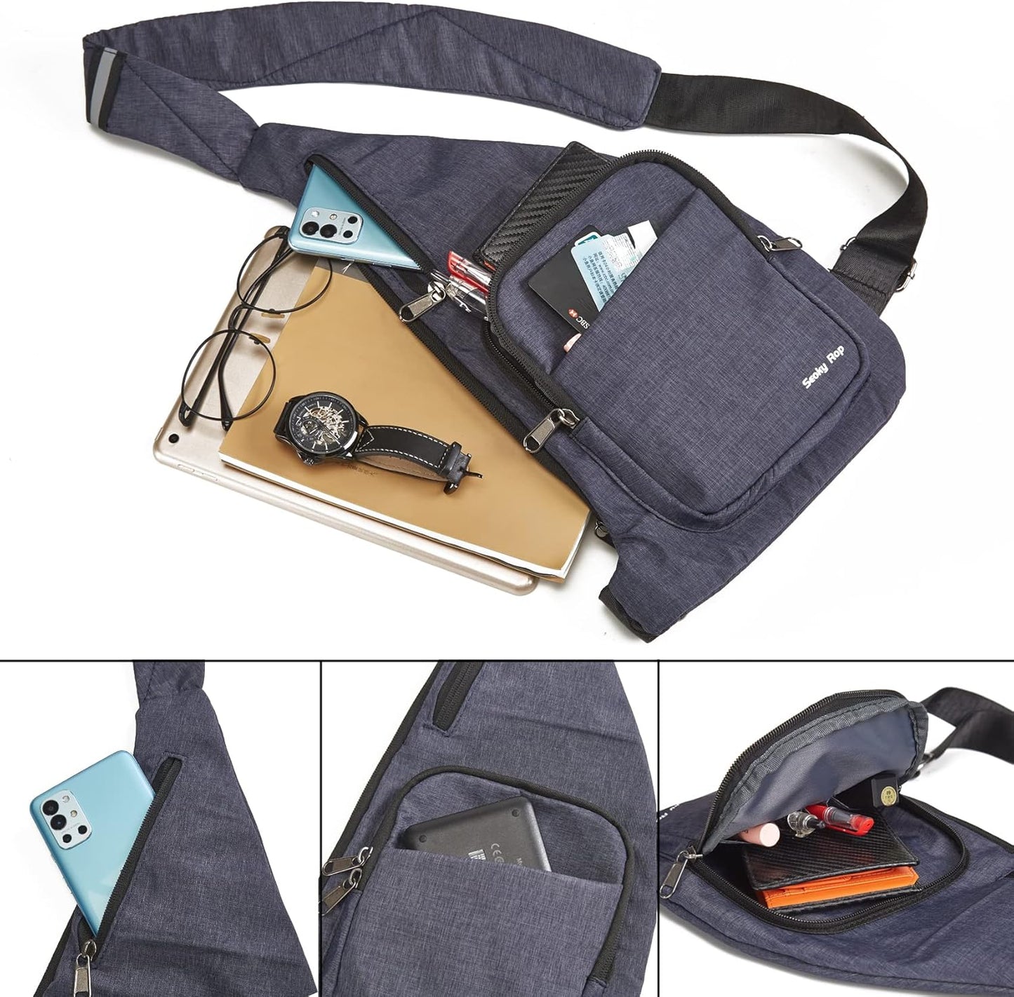 Seoky Rop Waterproof Sling Bag Crossbody Bag for Men Women Slim Hidden Anti-Thief Travel Personal Pocket Blue