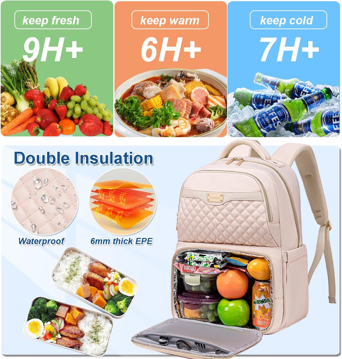 Weitars Lunch Backpack, Insulated Cooler Backpack 15.6 Inch Laptop Backpack For Women Men For Women Nurses Teacher Gifts for College Work Beach Camping Picnics Travel