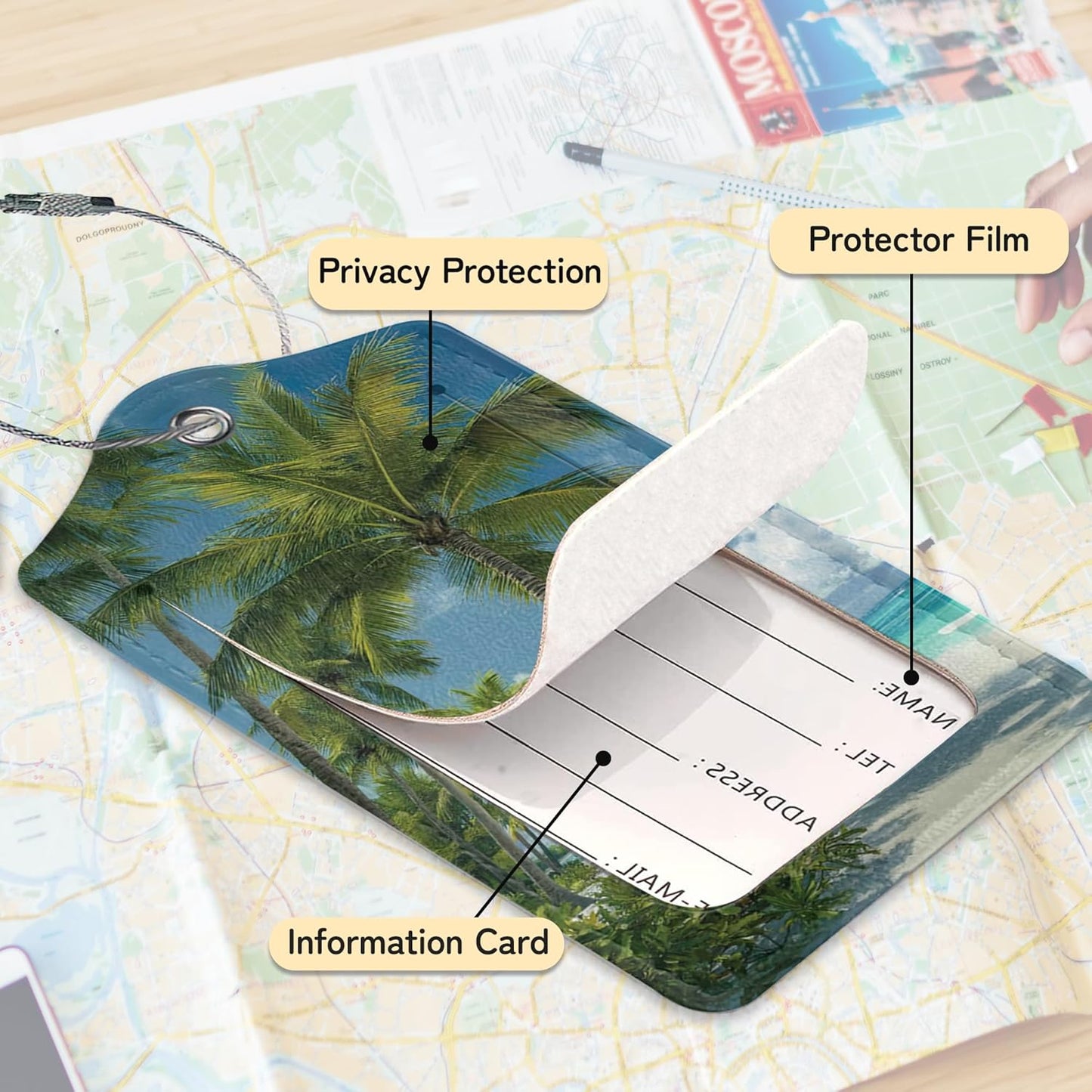 3 PCS Hawaii Summer Beach Luggage Tags,Palm Tree Suitcase Tags Privacy Cover ID Label with Stainless Steel Loop and Address Card for Travel Bag Suitcase