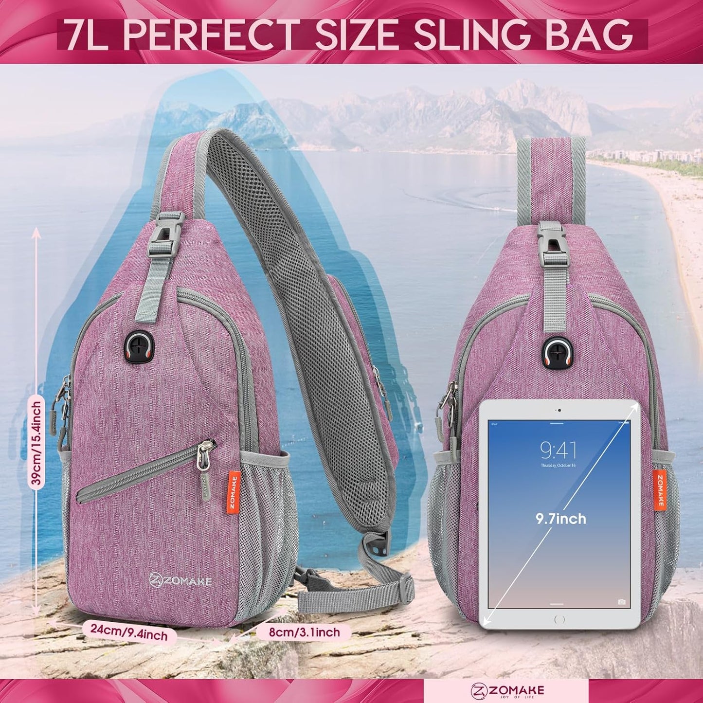 ZOMAKE Sling Bag,Small Crossbody Sling Backpack,Water Resistant Shoulder Daypack for Travel,Anti Thief Chest Bag for Hiking(Light Purple)