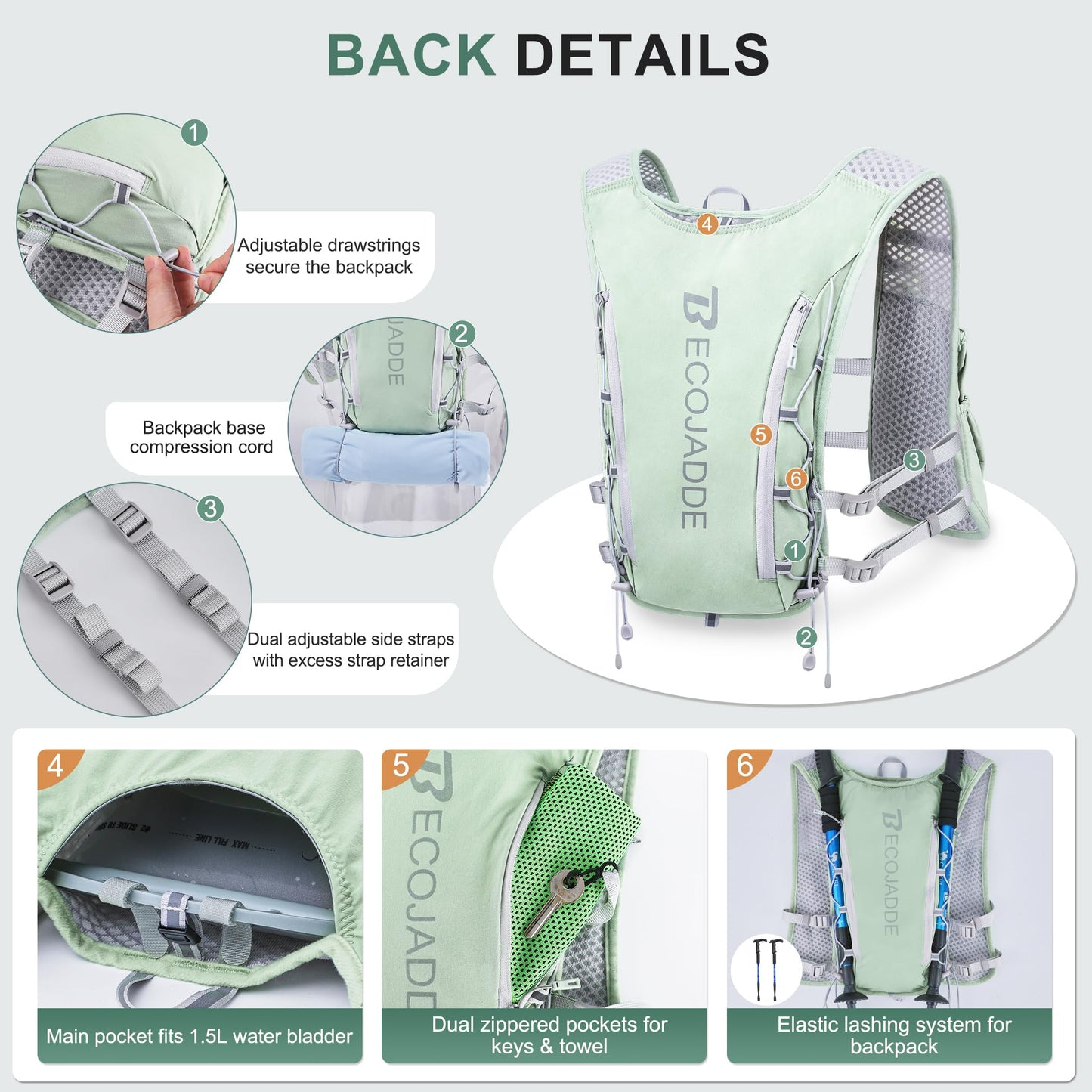 BECOJADDE Running Vest Hydration Backpack with Two 500ML Soft Water Bottles for Men Women, 5L