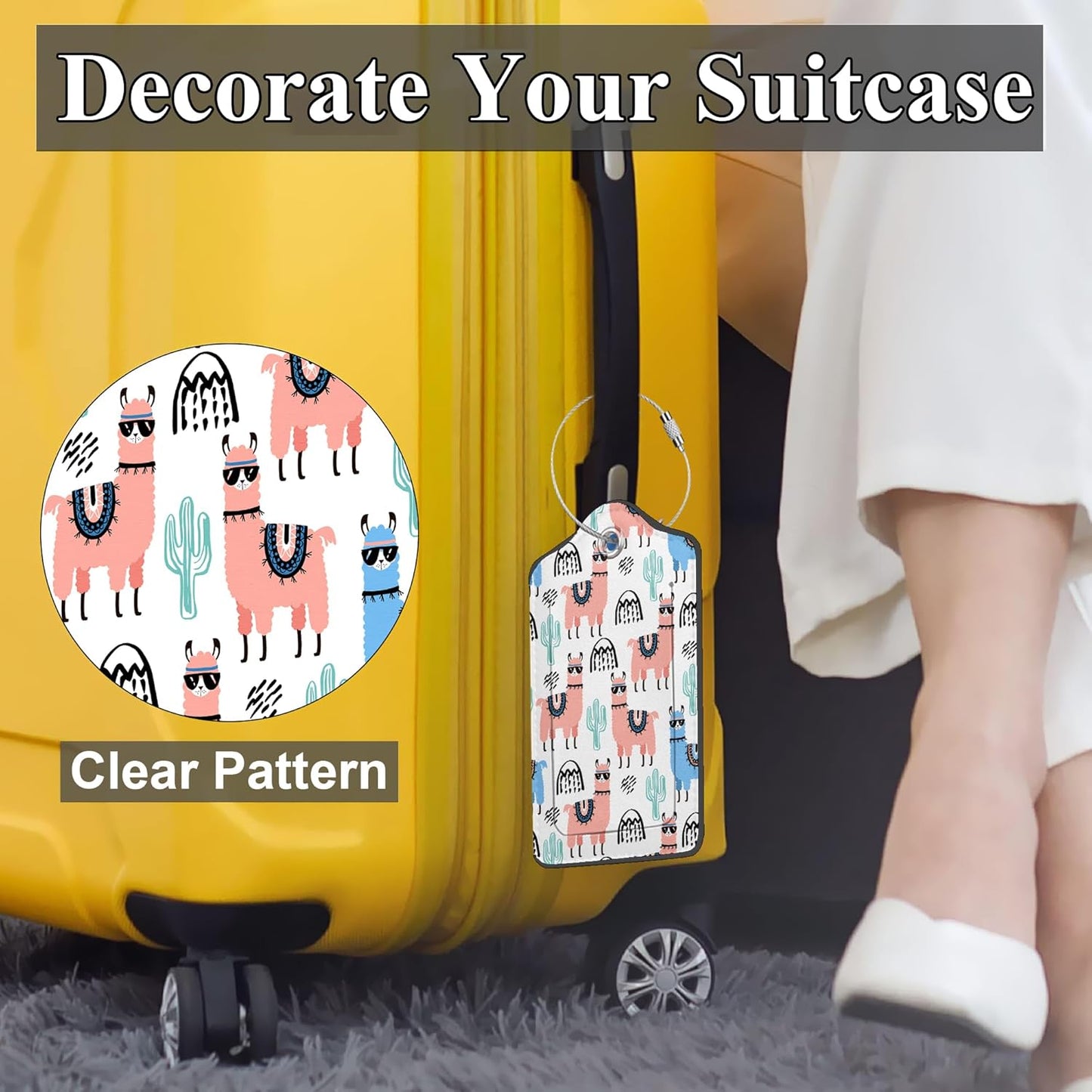 Llama PU Leather Luggage Tags for Suitcase, Cactus Creative Childish Texture Travel 2 Pack with Privacy Flap, Name ID Label and Metal Loop for Women Men Girls Baggage Bag Backpack