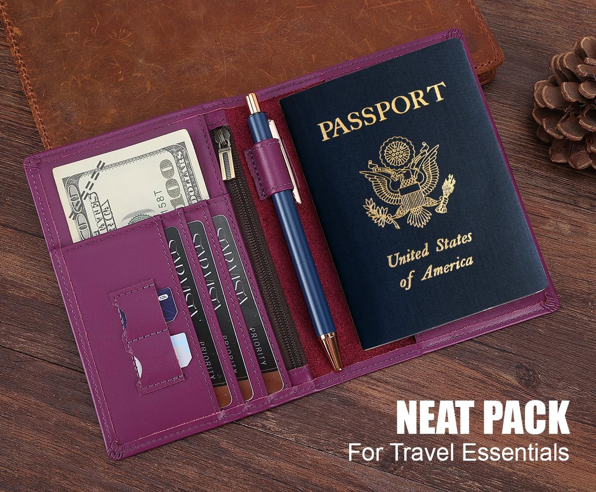 STAR VISTA Phoenix Leather Passport Holder, Calfskin Travel Wallet - RFID Blocking, ID Window, Zipper Pocket, Pen & Notebook Included, Violet