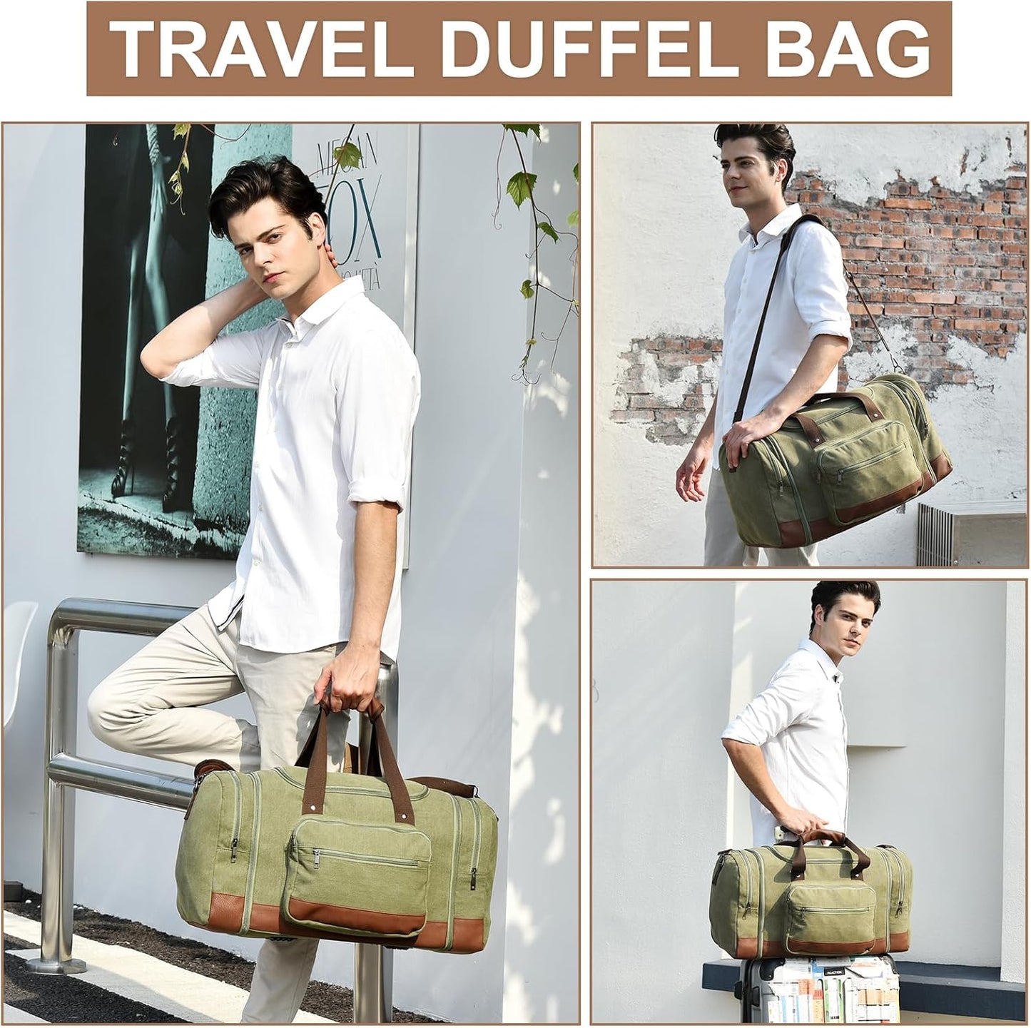 Litvyak Duffle Bag for Travel, Canvas Travel Duffel Bags Overnight Weekend Gym Carry On Luggage Bag for Men & Women (Army Green+Toiletry Bag, 50L)
