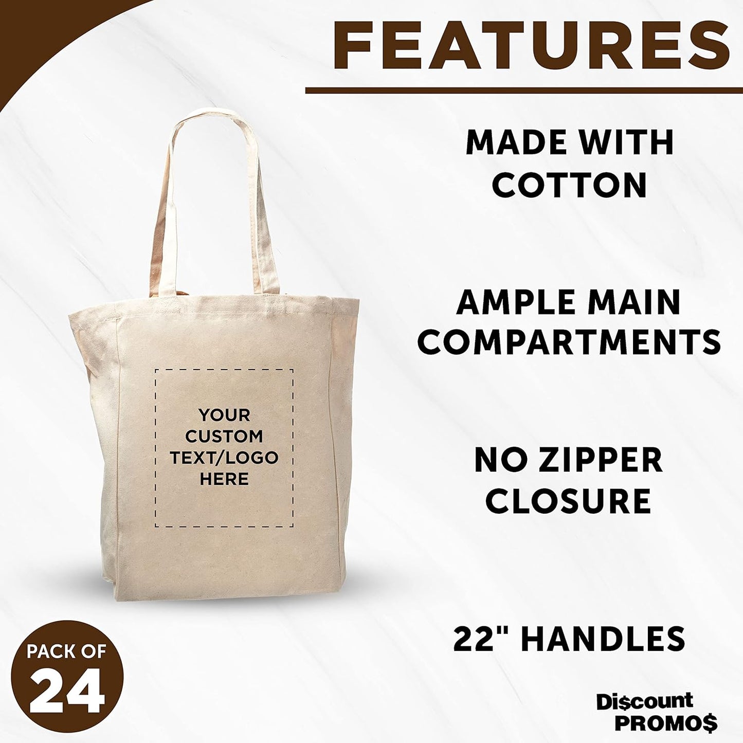 DISCOUNT PROMOS Custom Cotton Canvas Tote Bags Set of 100 - Personalized, Reusable, Perfect for Grocery, Promotions, Branding - Natural Color, 14.25"X15.5"X5", 10 OZ Cotton