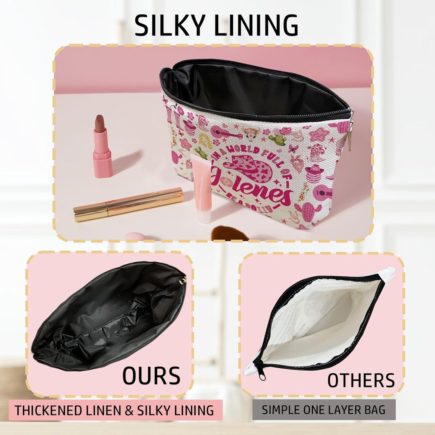 Pink Cowgirls Makeup Bag, Country Music Lover Gift Silky Lining Cosmetic Pouch, Western Country Pink Dolly Theme Gift for Women Country Music Fans