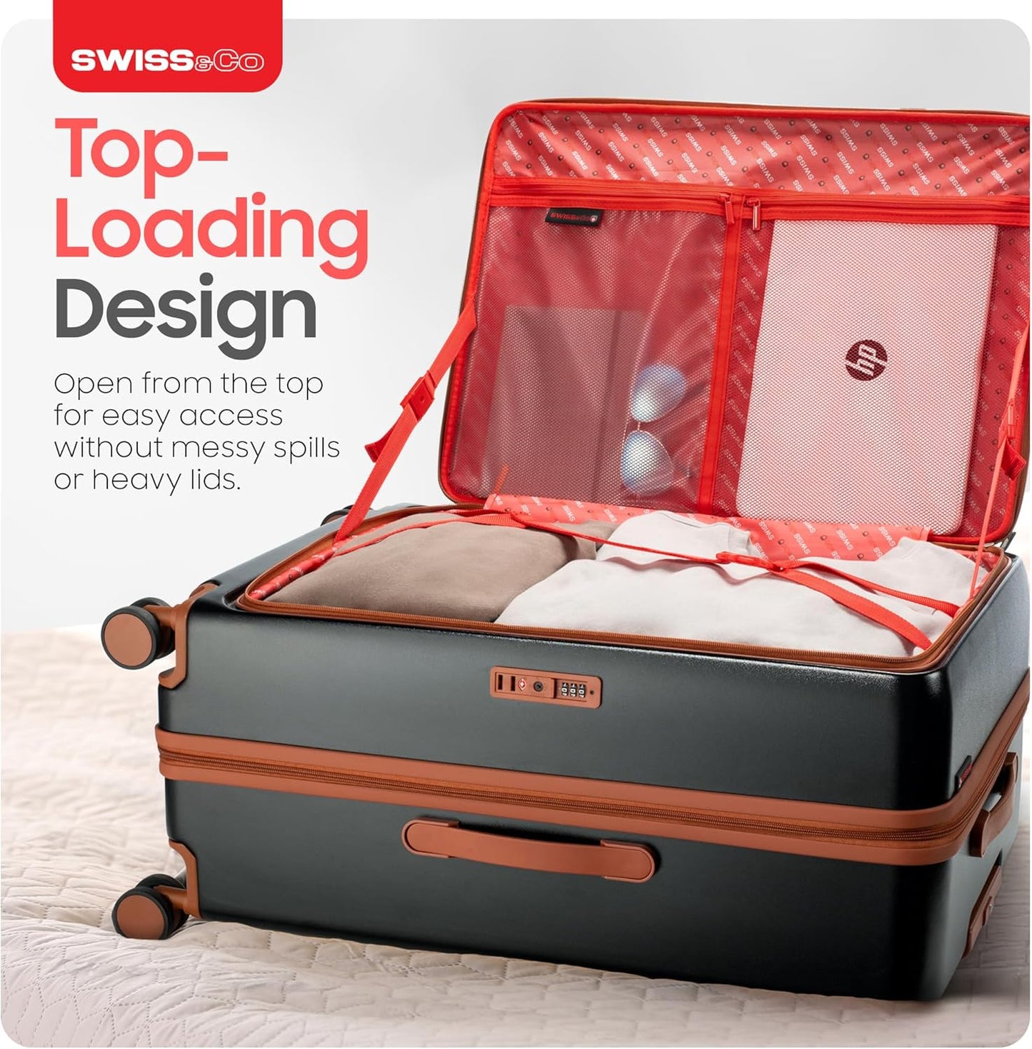 SWISS&CO 3-Piece Premium Luggage Set – Hardshell Spinner Suitcases with TSA Lock, Front-Open Design, Durable Travel Backpack – Spacious, Multi-Compartment Design– 28" Checked, 20" Carry-On–Sleek Black