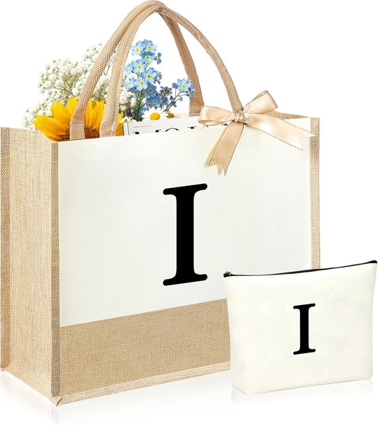 Initial Canvas Tote Bag & Makeup Bag for Women Teacher Bridesmaids，Personalized Present for Wedding, Birthday, Beach