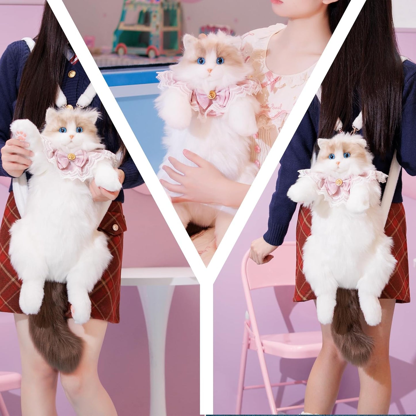 Chongker Stuffed Realistic Cat Plush Backpack - Cute and Soft Stuffed Animal Backpack with Adjustable Straps, White