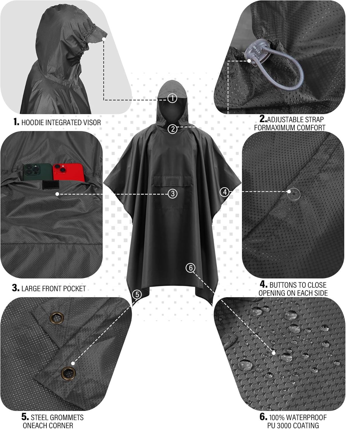 iCreek Hooded Rain Poncho Packable Unisex Raincoat Jacket with Pocket Waterproof Lightweight for Hiking, Camping, Outdoor