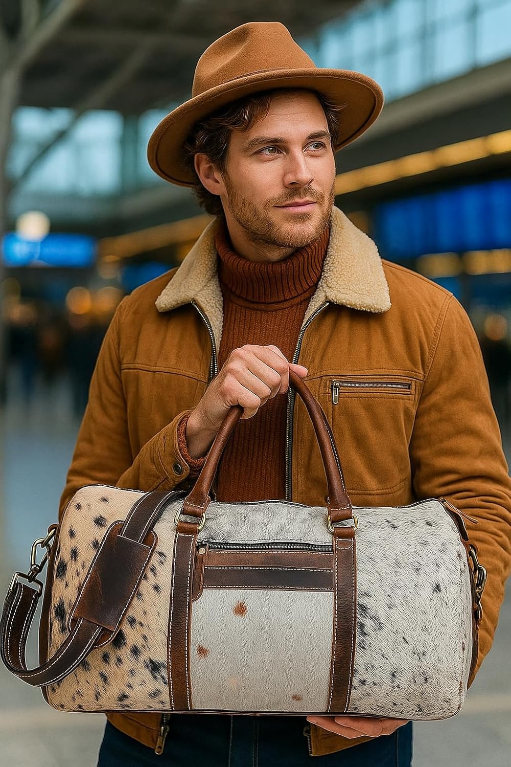 Leather Duffel Bag for Men & Women, Genuine Weekender Travel Bag, Handmade Overnight Gym Bag with Shoulder Strap, Carry-On for Business & Outdoor Travel (Hudson Hair Duffel, Black & White, 22 Inch)