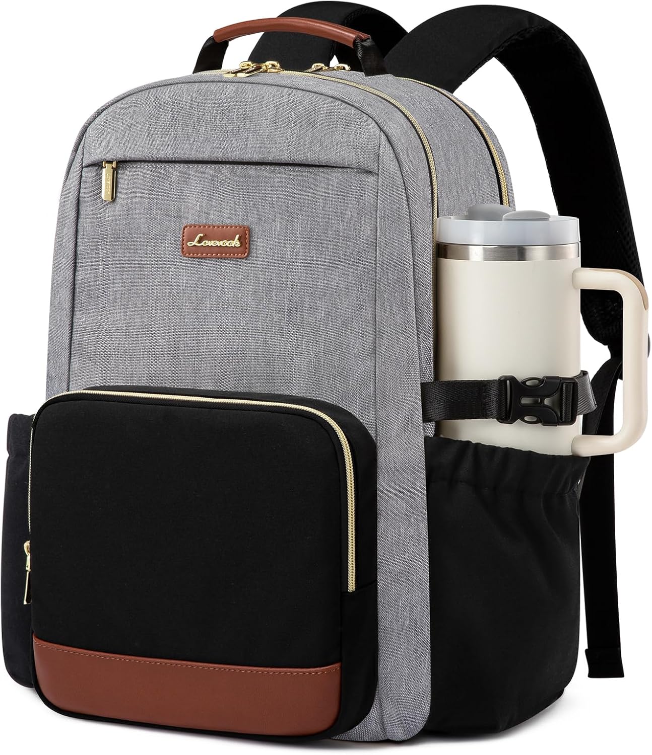 LOVEVOOK Laptop Backpack for Women with Pouch Pocket for Large Capacity Cup,15.6 Inch Teacher Nurse College Work Backpack Purse,Waterproof Laptop Bag Computer Back Pack for Travel, Grey-Black-Brown
