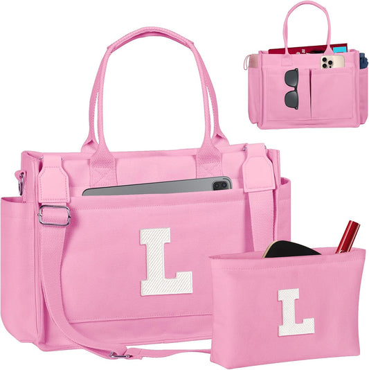 Gifts for Women Teen Girls, Initial Tote Bag with Zipper, Letter Canvas Tote Purse for College Work Laptop Beach