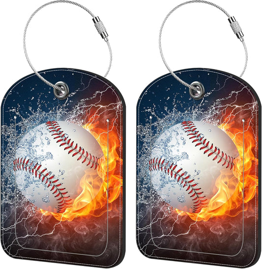 2 Pack Cute Luggage Tag for Suitcases Baseball in Fire and Water Leather Luggage Tags with Stainless Steel Loop Privacy Flap Name Tags,Men and Women Travel Bag Suitcase Tags