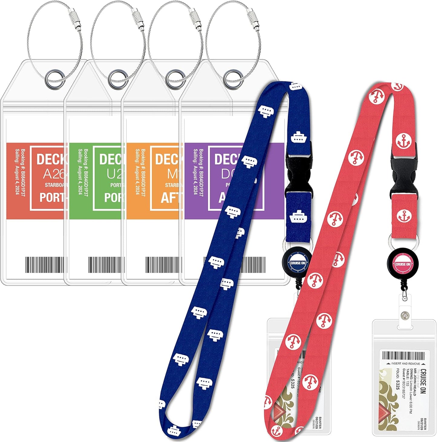 Carnival Cruise Luggage Tag Holders (4 Pack) & Lanyards (2 Pack), Large, Clear & Waterproof, Cruise Essentials 2025-2026 for Ship Cards & Baggage – Durable Travel Accessories (Blue & Pink)