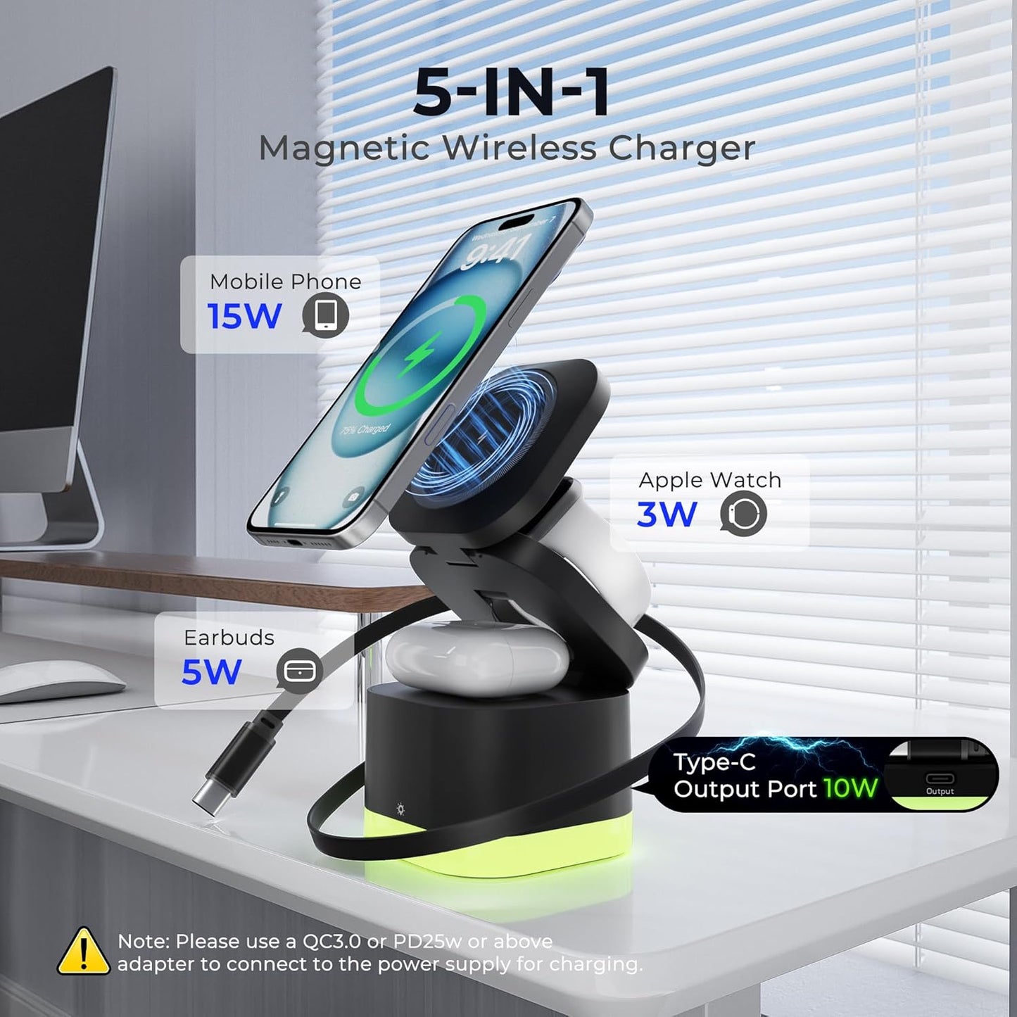 5 in 1 Magnetic Wireless Charger Stand with Night Light, Foldable Wireless Charging Station Built-in Retractable Cable, Travel Wireless Charger for iPhone 17/16/15/14/13/12, Apple Watch, AirPods Pro 3