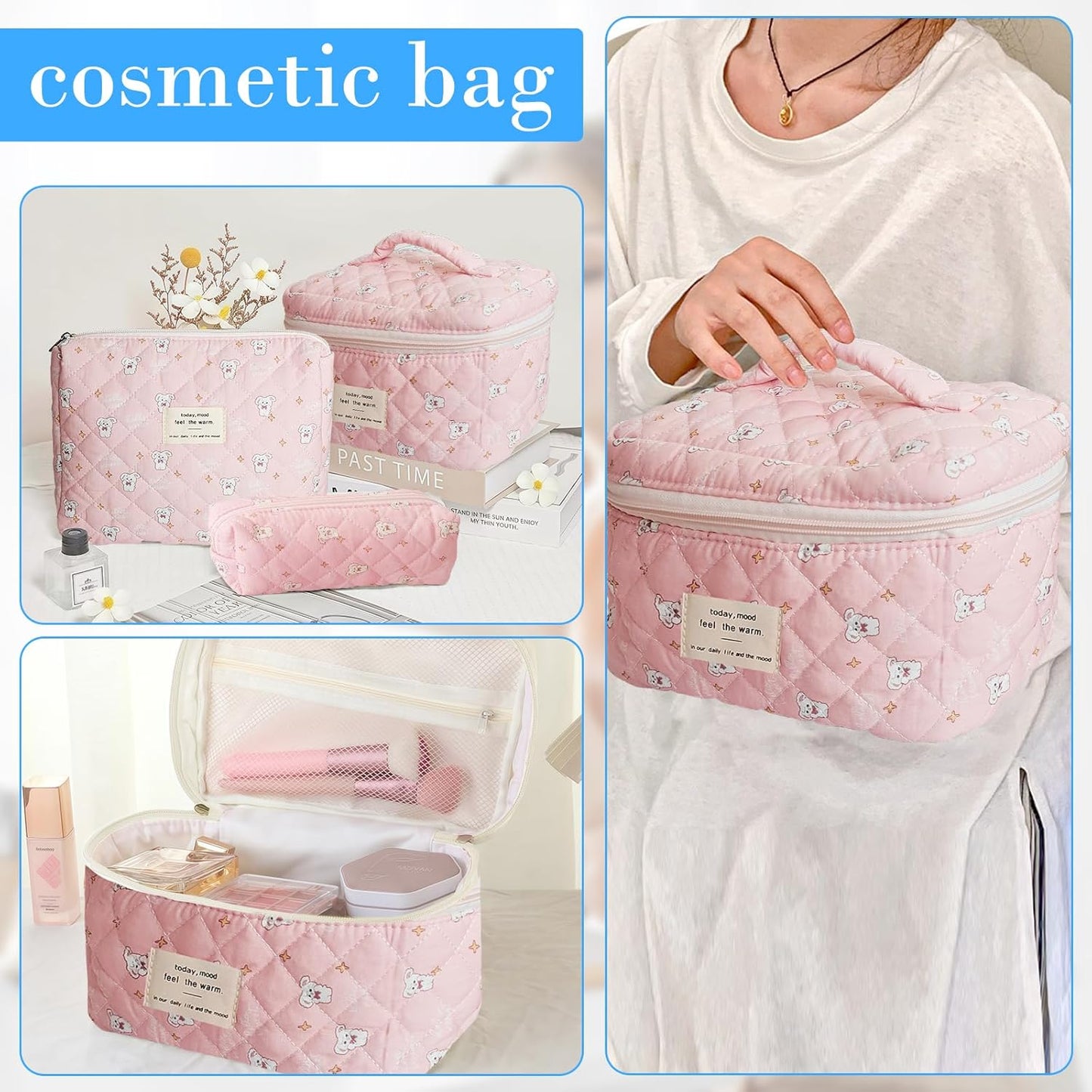 Quilted Makeup Bag, Large Capacity Travel Cosmetic Bag for Women and Girls, Aesthetic Storage for Daily and Travel Use (3pcs-RabbitAnimalPrint)