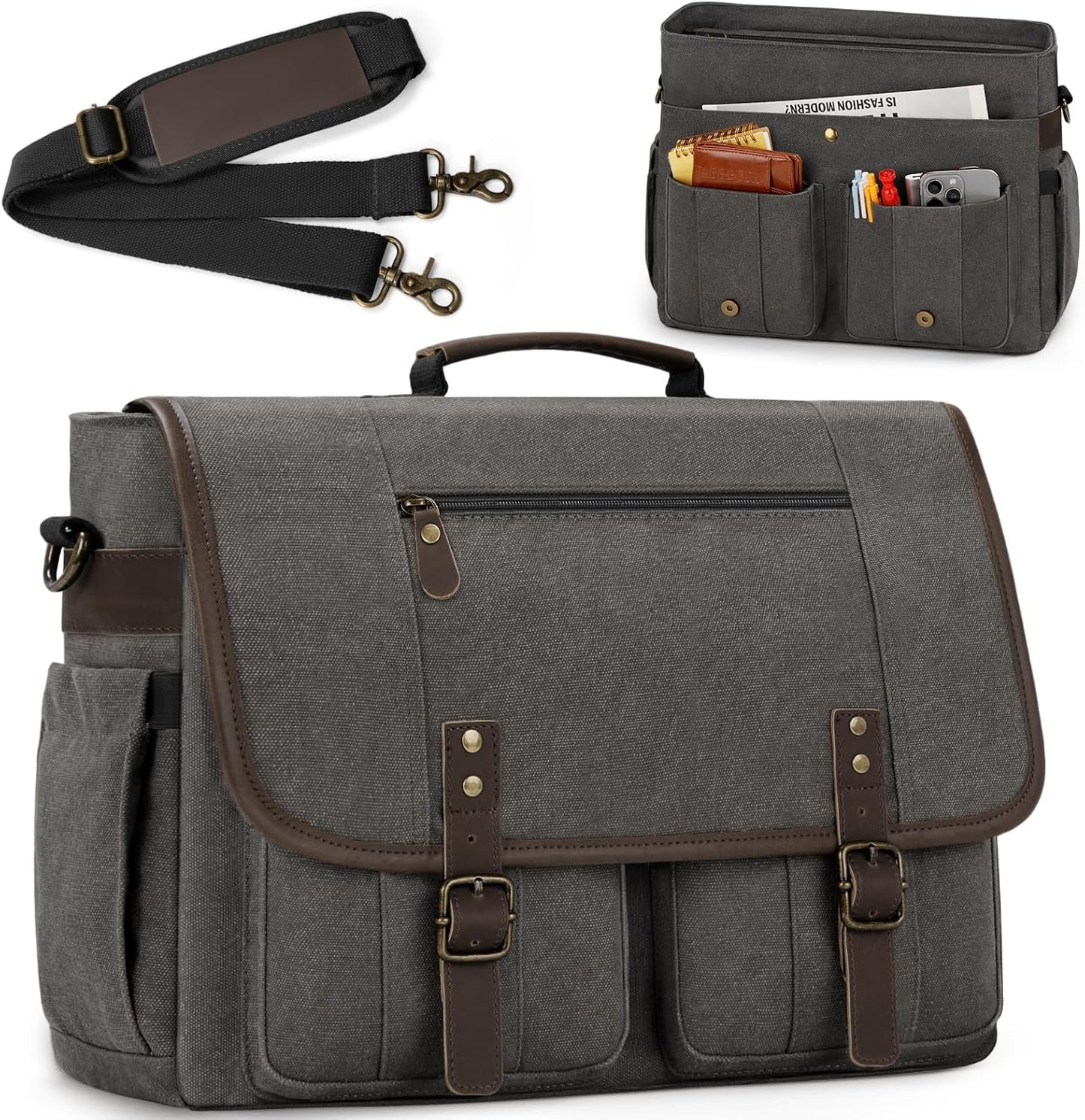 RAINSMORE Mens Messenger Bag 17-17.3 Inch Vintage Canvas Briefcase Water-resistant Large Computer Laptop Bag Rugged Satchel Shoulder Bag for Work Travel, Bookbag for College
