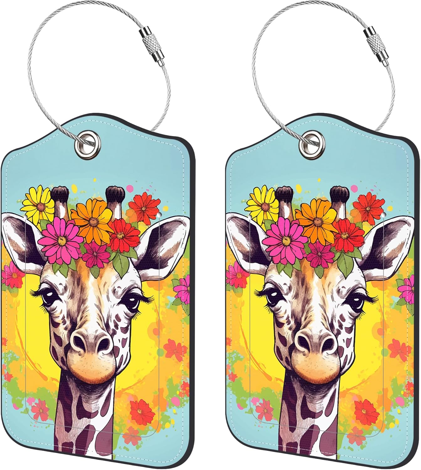 2 Pack Luggage Tags,Watercolor Giraffe PU Leather Idea Baggage Tag with ID Labels Privacy Cover Metal Ring Men and Women Travel Bag Labels
