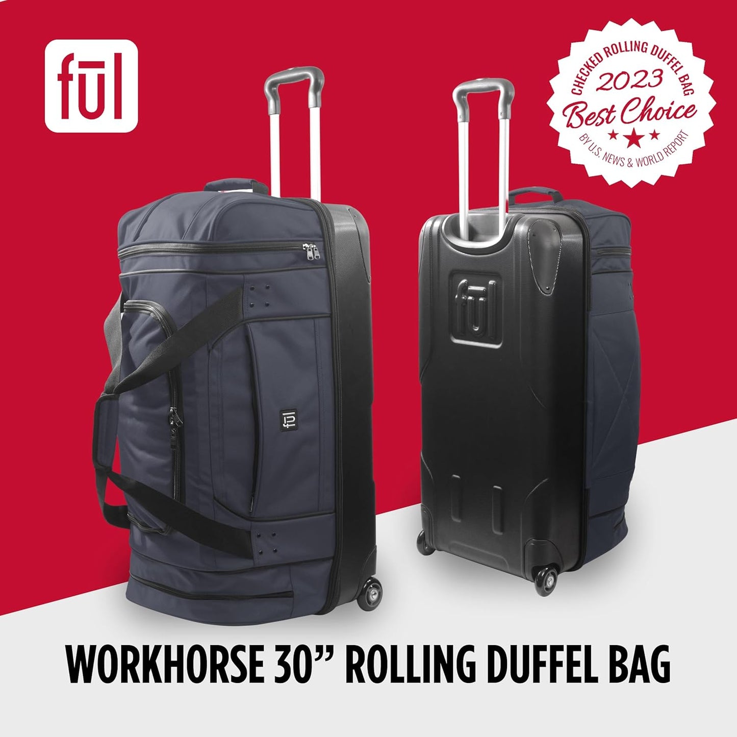FUL Workhorse 30 Inch Rolling Duffel Bag, Checked Travel Luggage with Hardshell Base and Wheels