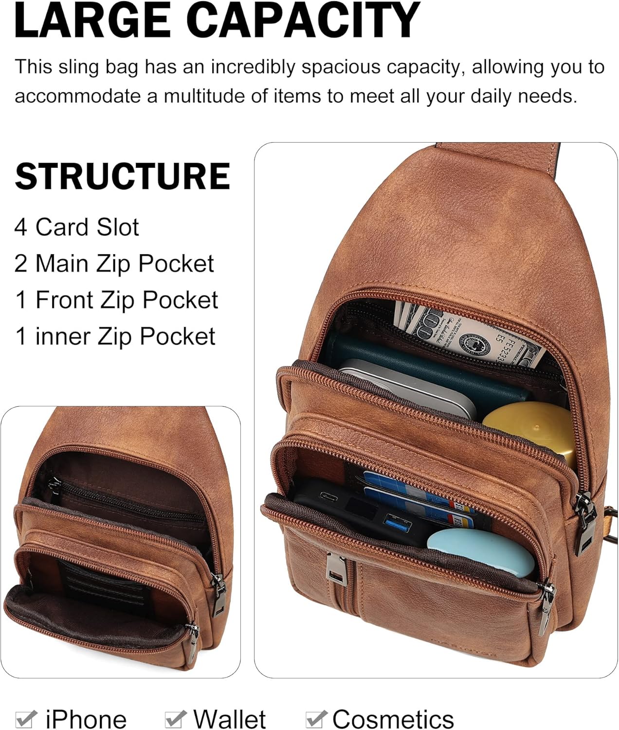 MASINTOR Sling Bag for Women - Crossbody Bags Fanny Pack with Vegan Leather - Adjustable Sling Backack for Travel