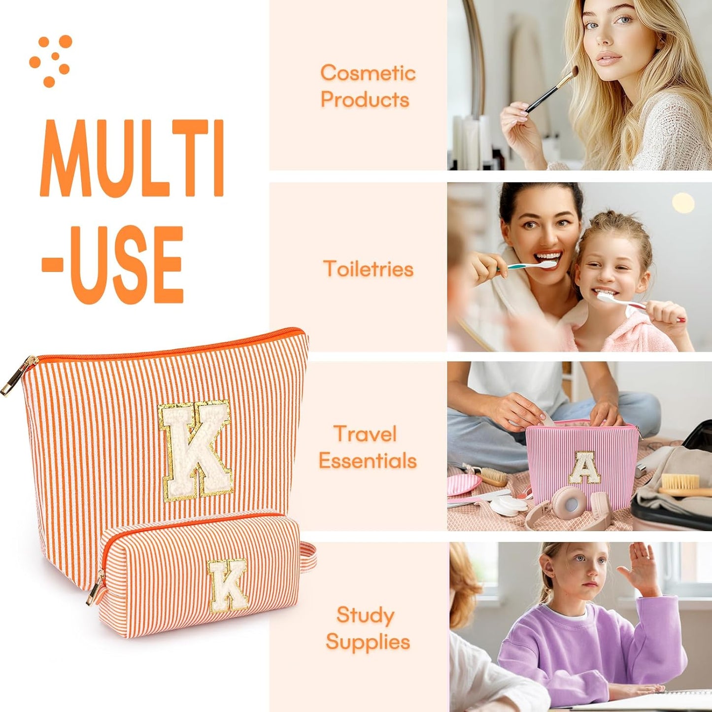 2 PCS Initial Makeup Bags for Women: Cosmetic Bag for Travel Toiletry - Birthday Gifts for 11 12 13 14 15 16 17 18 Years Old Girl Graduation Teacher Gift- Teen Girl Gifts Trendy Stuff - Orange K