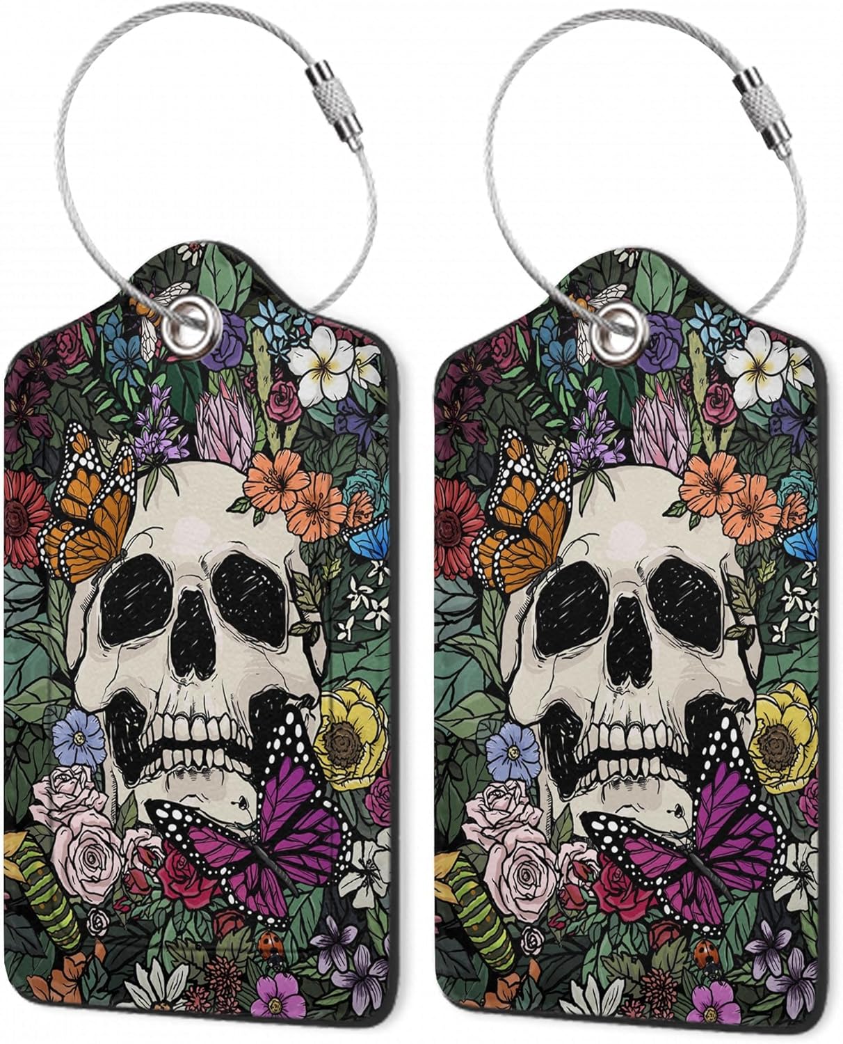 Luggage Tag for Suitcase Gothic Skull Flowers Cute Luggage Tag with Privacy Flap & Name ID Label & Metal Loop,Travel Suitcase Tags for Women 2Pcs