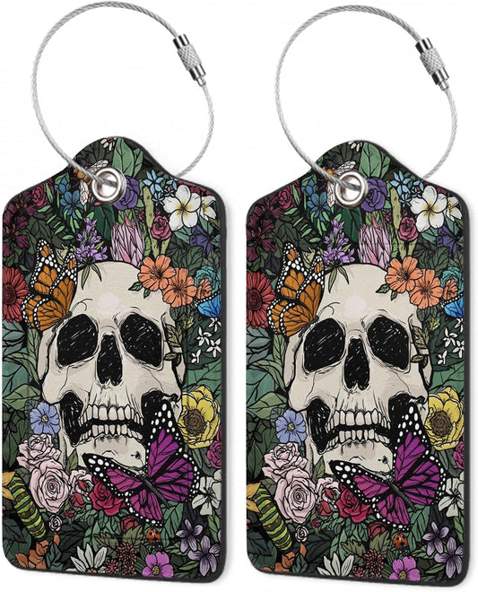 Luggage Tag for Suitcase Gothic Skull Flowers Cute Luggage Tag with Privacy Flap & Name ID Label & Metal Loop,Travel Suitcase Tags for Women 2Pcs