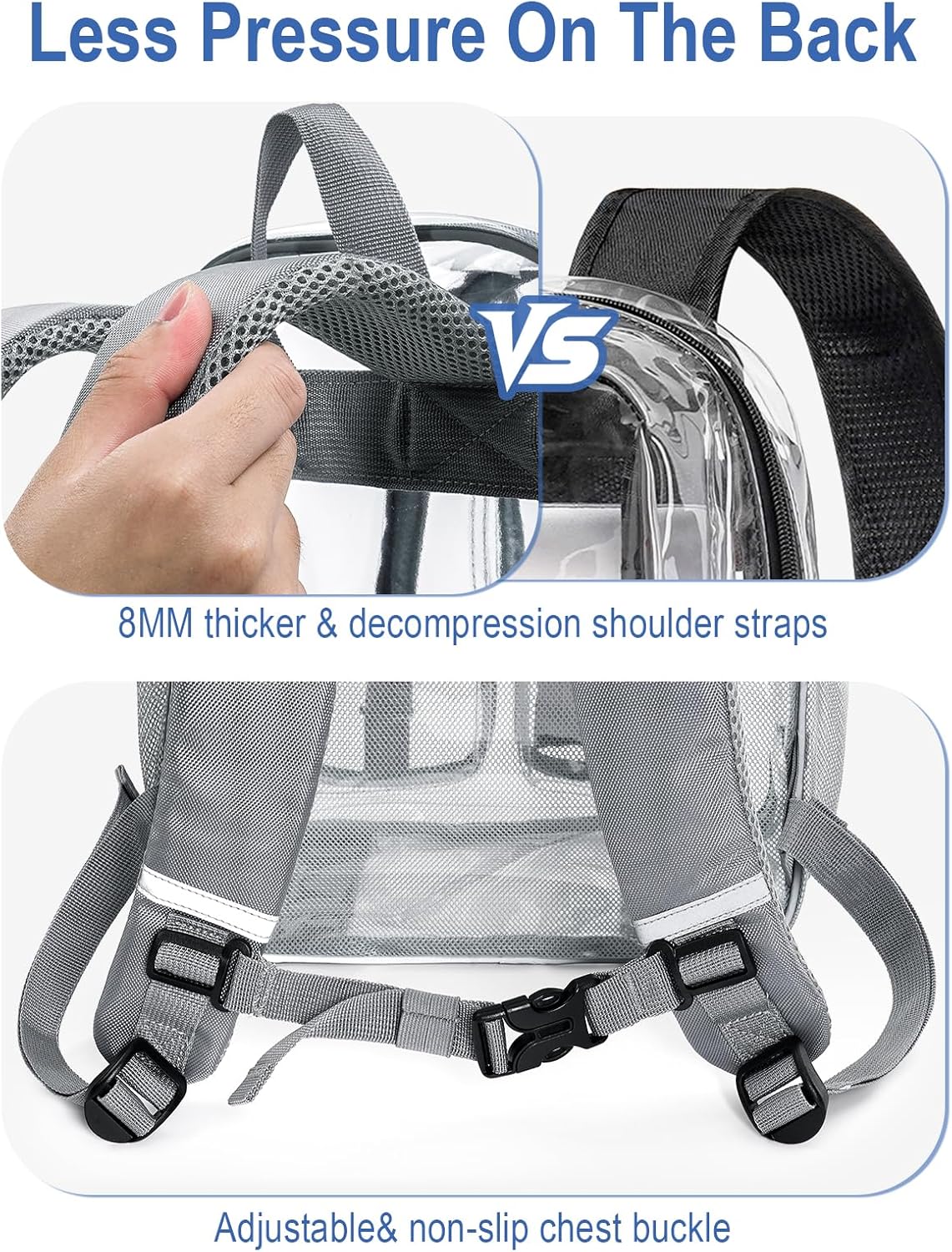 Heavy Duty Clear Backpack For School, 17 Inch Large Clear Bookbag For Kids Boys Girls Women Men, 360° 3M Reflective Strips See Through Backpack, Multi-Pockets Tranparent Bag, College Work, Grey