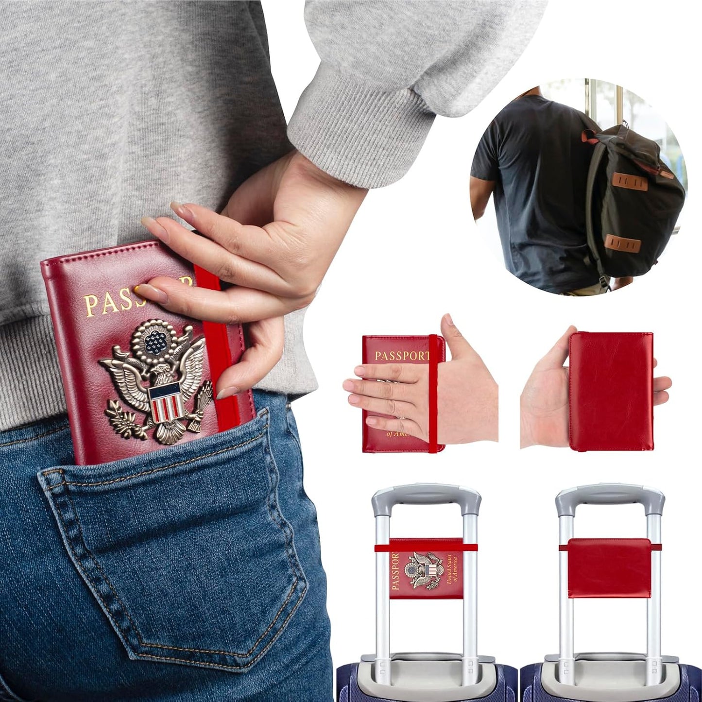 Passport Holder for Travel Men Women, RFID Blocking Passport Cover Leather Passport Wallet With 3D Metal Badge Waterproof Passport Case Travel Wallets Accessories Document Organizer (Red)