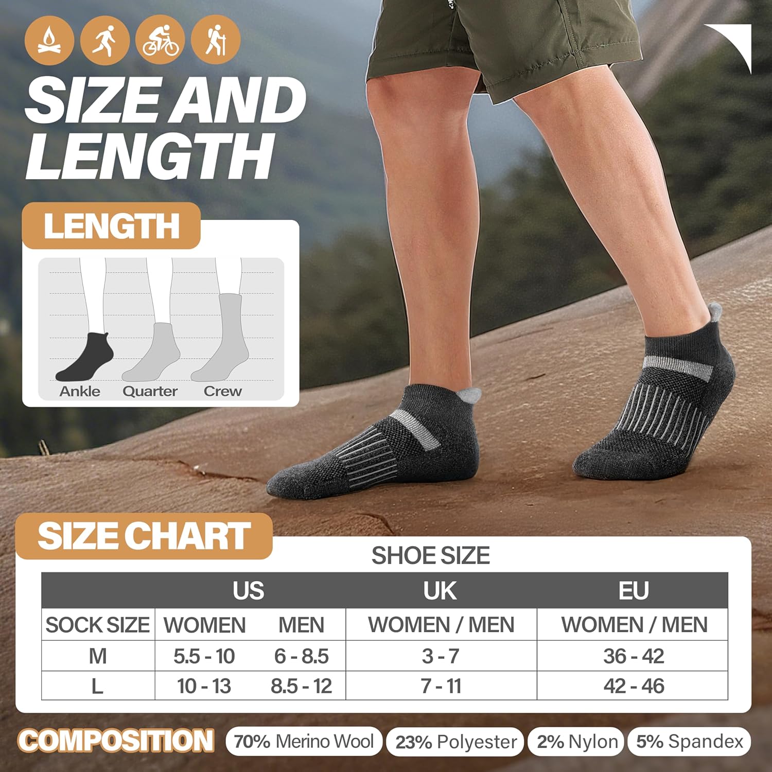 6 Pairs Merino Wool Ankle Running Hiking Socks Compression Support Breathable Thick Cushion No Show