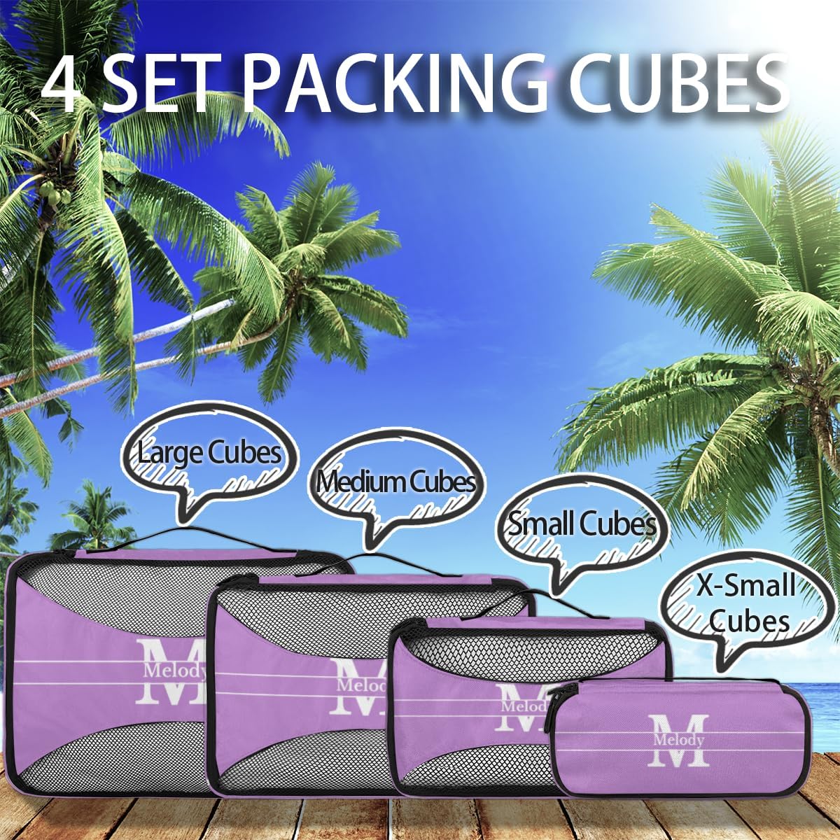 Custom Packing Cubes with Name - 4 Piece Packing Cubes Compression Luggage Suitcase Organizer Set, Lavender Purple with Initial Letter