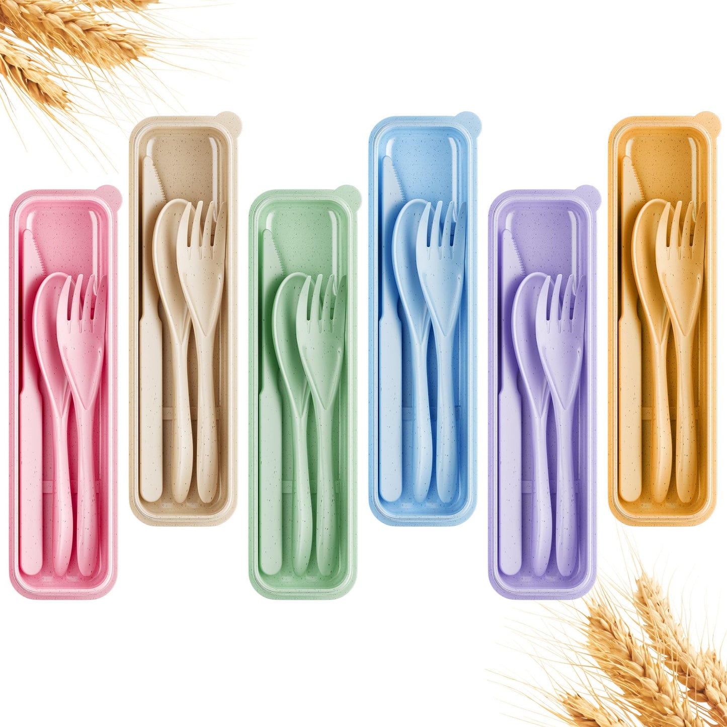 Quatish Reusable Travel Utensils Set with Case, 6 Sets Wheat Straw Camping Utensil Sets, Portable