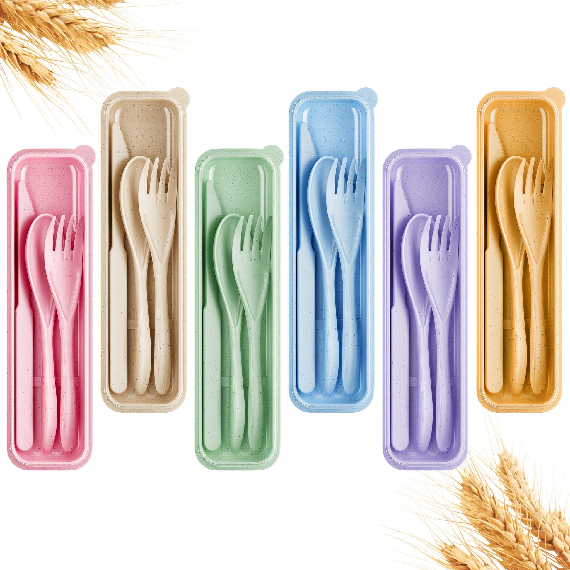 Quatish Reusable Travel Utensils Set with Case, 6 Sets Wheat Straw Camping Utensil Sets, Portable
