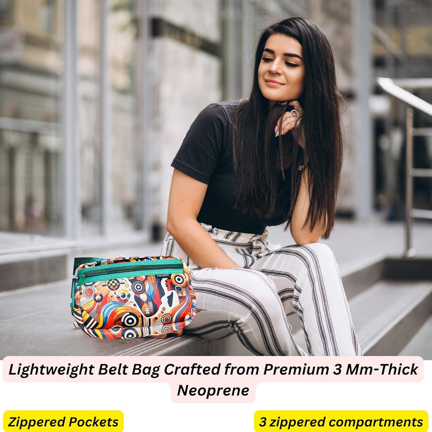 Yewande&co Neoprene Fanny Pack Belt Bag – Lightweight Waterproof Waist Bag with Adjustable Strap, 3 Zippered Pockets, Crossbody Belt Bag for Travel, African Design Crossbody Bags (Jewel)