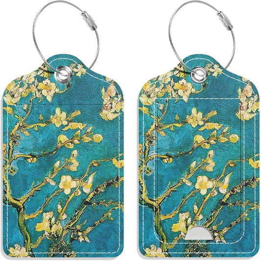 Luggage Tags for Suitcase, 2 Pack PU Leather Travel Cruise Luggage Tag with Privacy Flap, Name ID Label and Metal Loop for Women Men Girls Suitcase Baggage Bag Backpack Instrument, Almond Tree