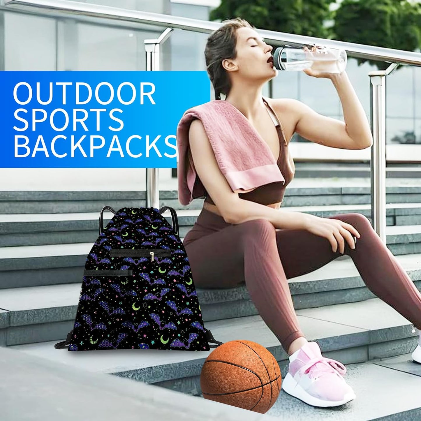 Drawstring Backpack Sports Gym Bag, Large String Swim Bag for Beach With Water Bottle Mesh Pocket, Cute Gym Sack with Zipper Pocket for Men Women Cute Black Bats