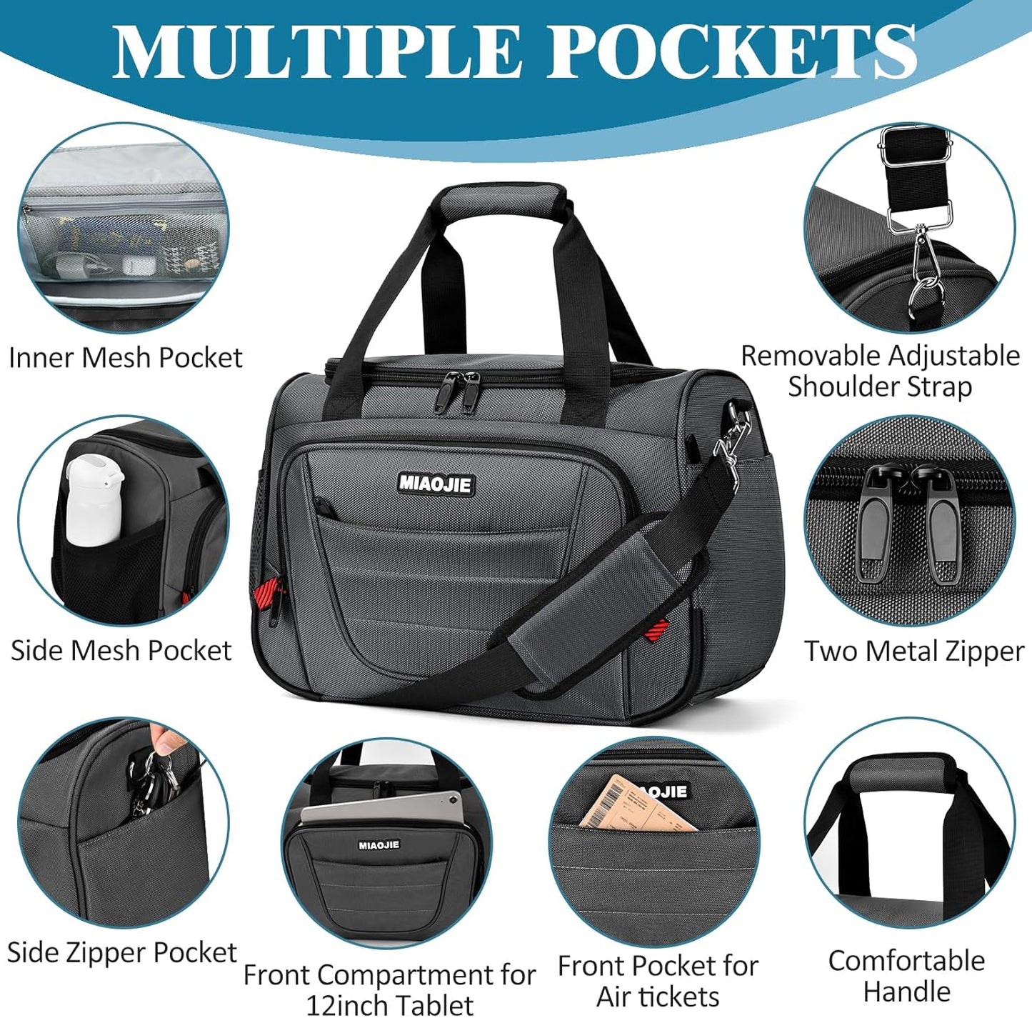 Underseat Carry On luggage Bag Airplanes Personal Item Bags, Gym Bag for Men Weekender Overnight Travel Tote Bag Shoulder Small Softside Carry on Luggage Travel Duffel Bags For Men Women -16 IN Grey