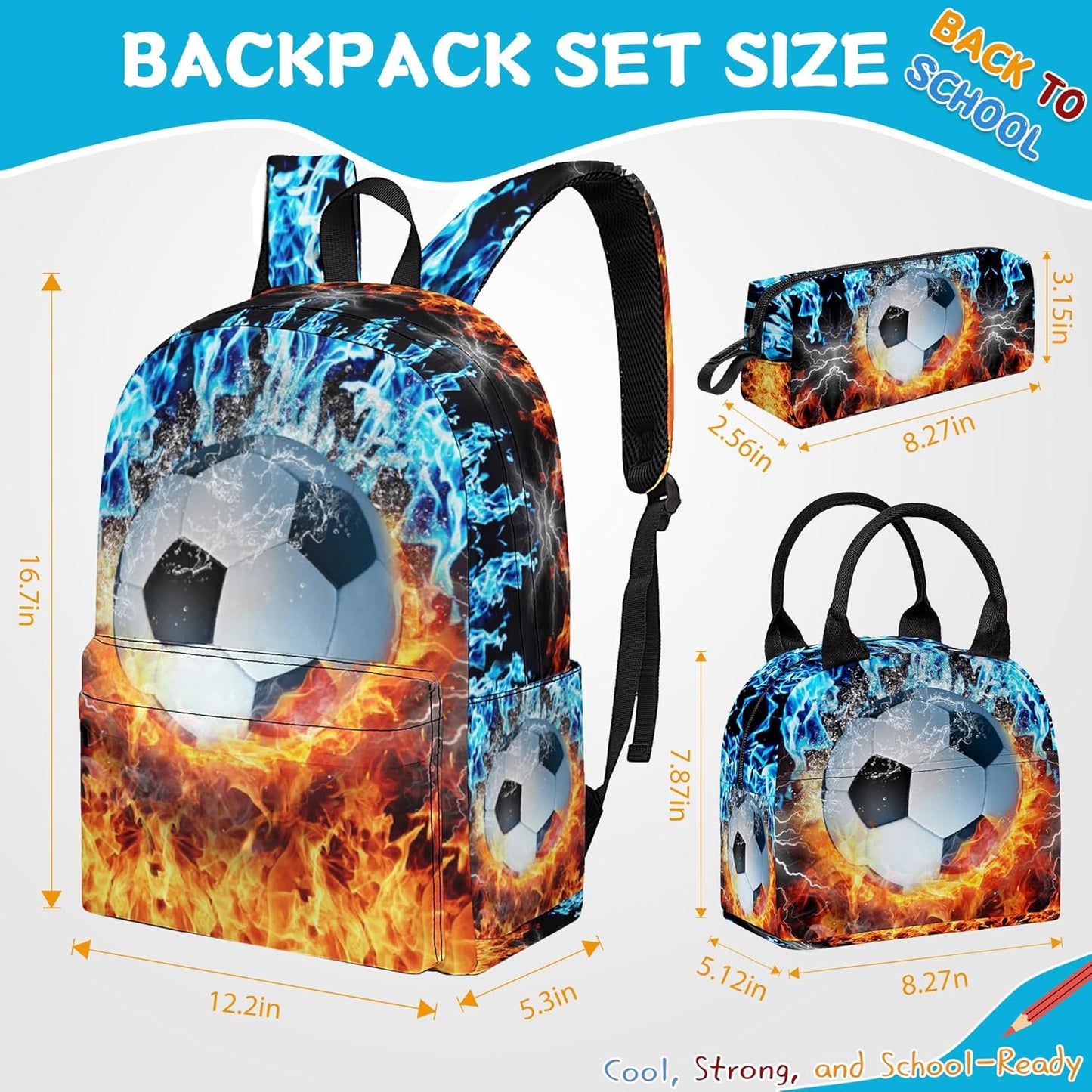 3PCS Soccer Backpack Set for Boys, Large Lightweight 17 Inch Backpack with Lunch Bag & Pencil Case for Kids, Back to School Cool Sports Bookbag for Elementary Middle School - Fire