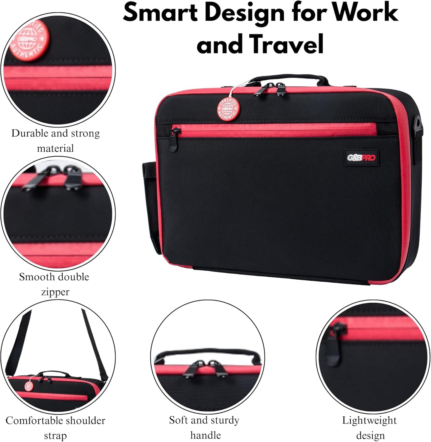 G&BPRO Crossbody Briefcase with Extending Tray System | All-in-One Mobile Workstation Laptop Travel Bag with Expandable Storage & Organizer Compartments - Black With Red Zipper