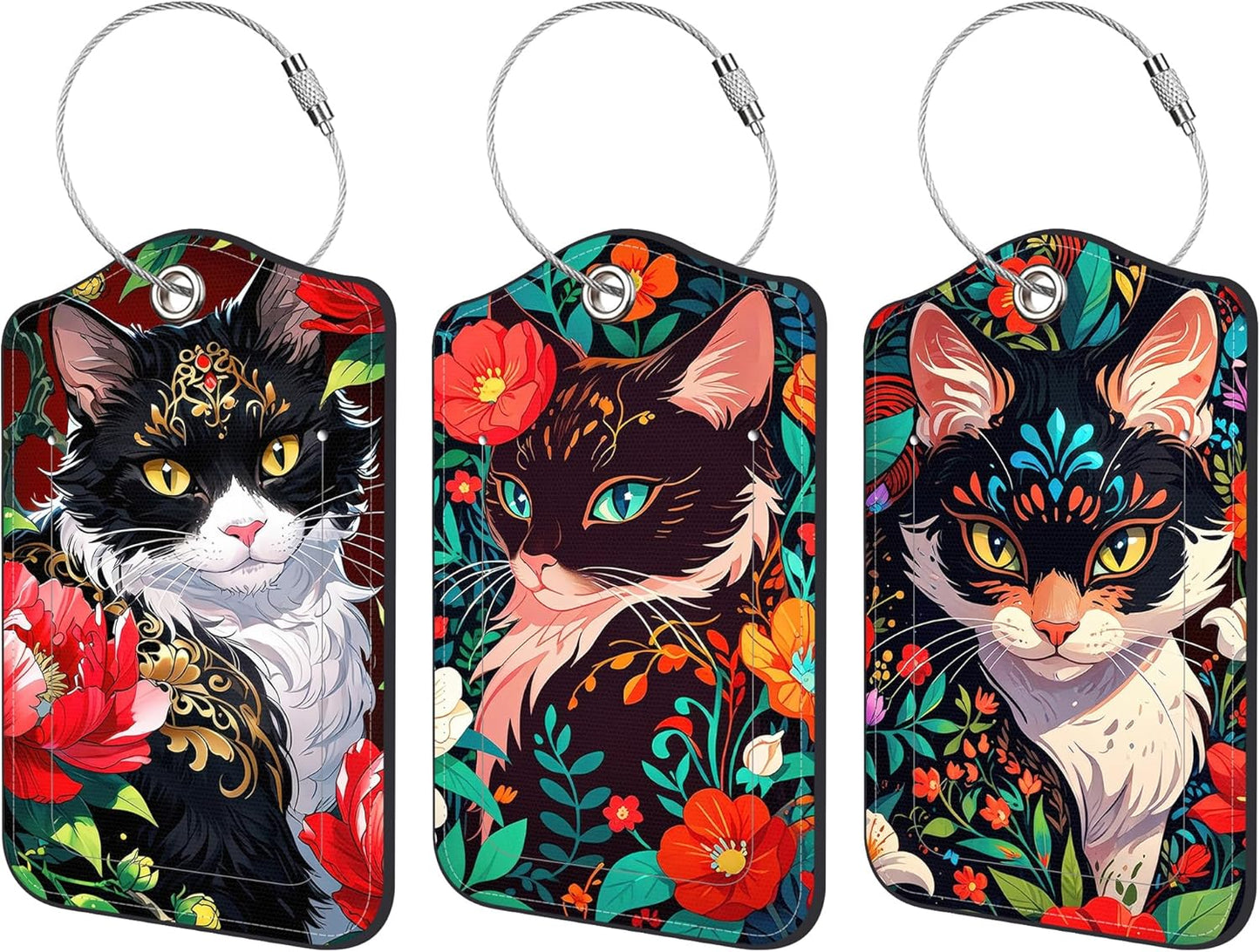 Luggage Tags for Suitcase 3 PCS Black Cat Leather Travel Luggage Tag with Stainless Steel Loop Name ID Label Privacy Cover for Women Men Travel