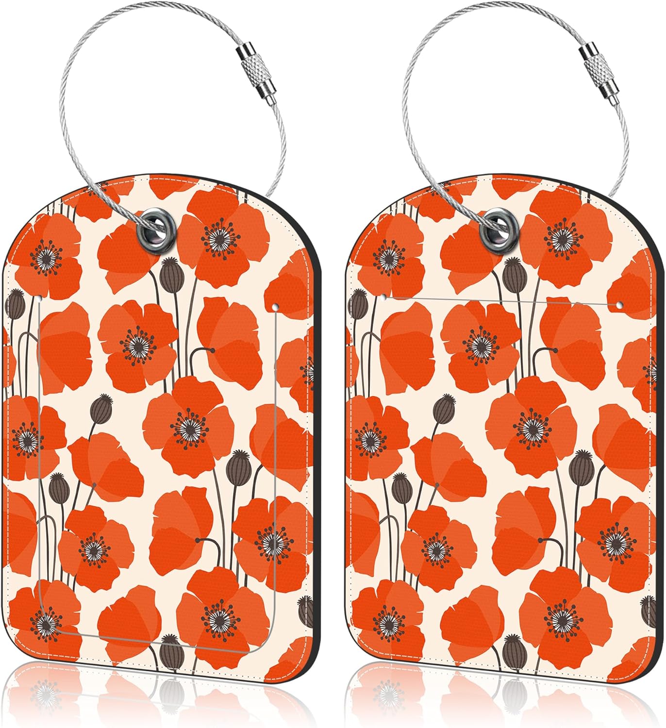 2 Pack PU Luggage Tags for Suitcase, Vintage Poppy Flower Suitcase Tag Leather ID Label Bag Tags with Privacy Cover and Metal Loop for Men Women Travel Bag