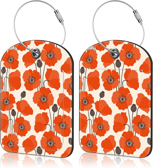 2 Pack PU Luggage Tags for Suitcase, Vintage Poppy Flower Suitcase Tag Leather ID Label Bag Tags with Privacy Cover and Metal Loop for Men Women Travel Bag