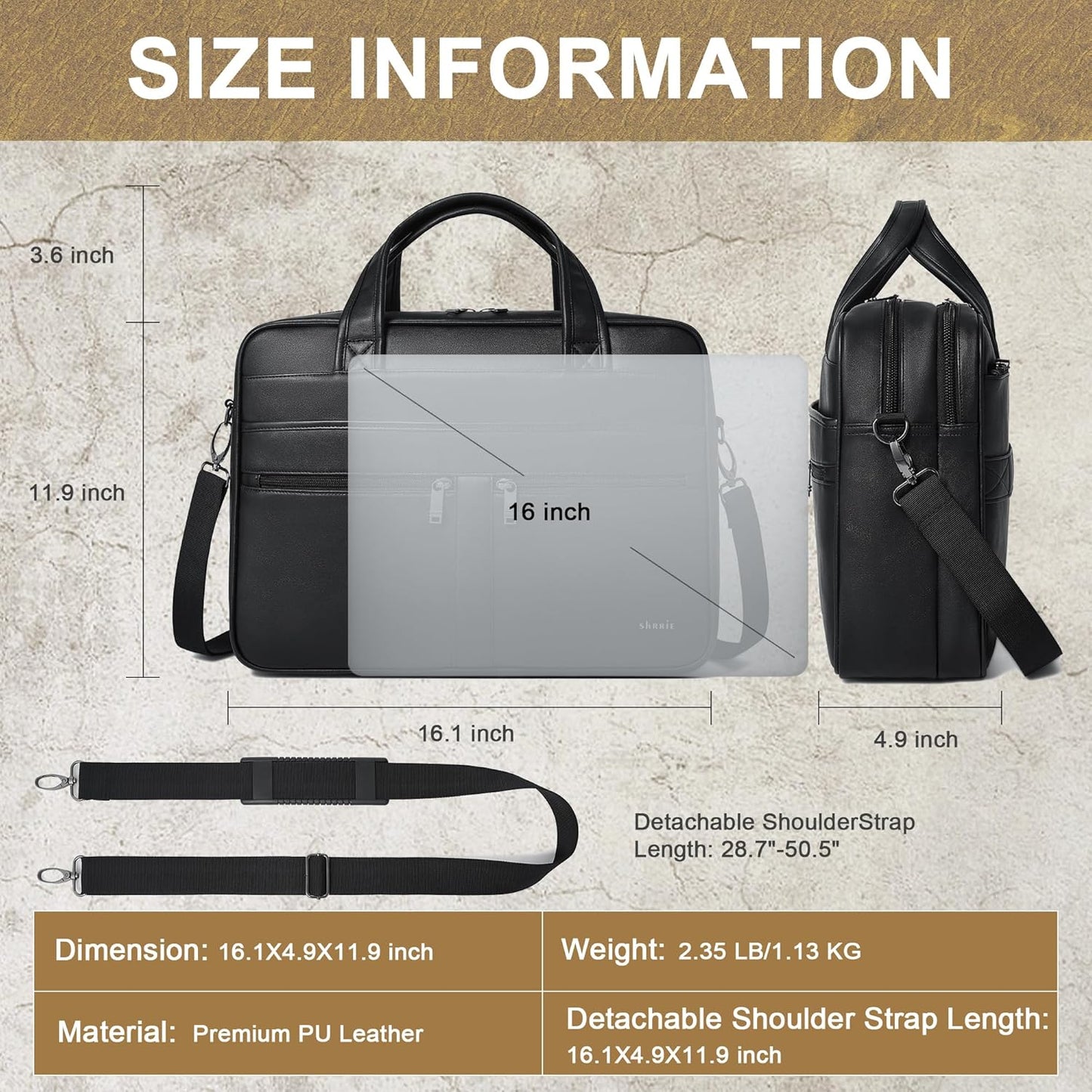 Shrrie Leather Messenger Bag for Men&Women 16 inch Laptop Bag,Water-Resistant Retro Leather Briefcase for Men Business,Work