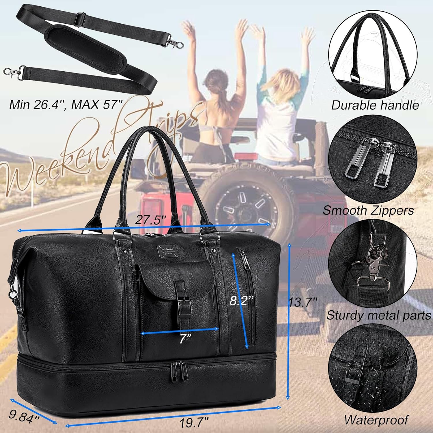 weiatas Faux Leather Travel Duffel Bag for Women Men, Large Weekender Overnight Bag with Shoes