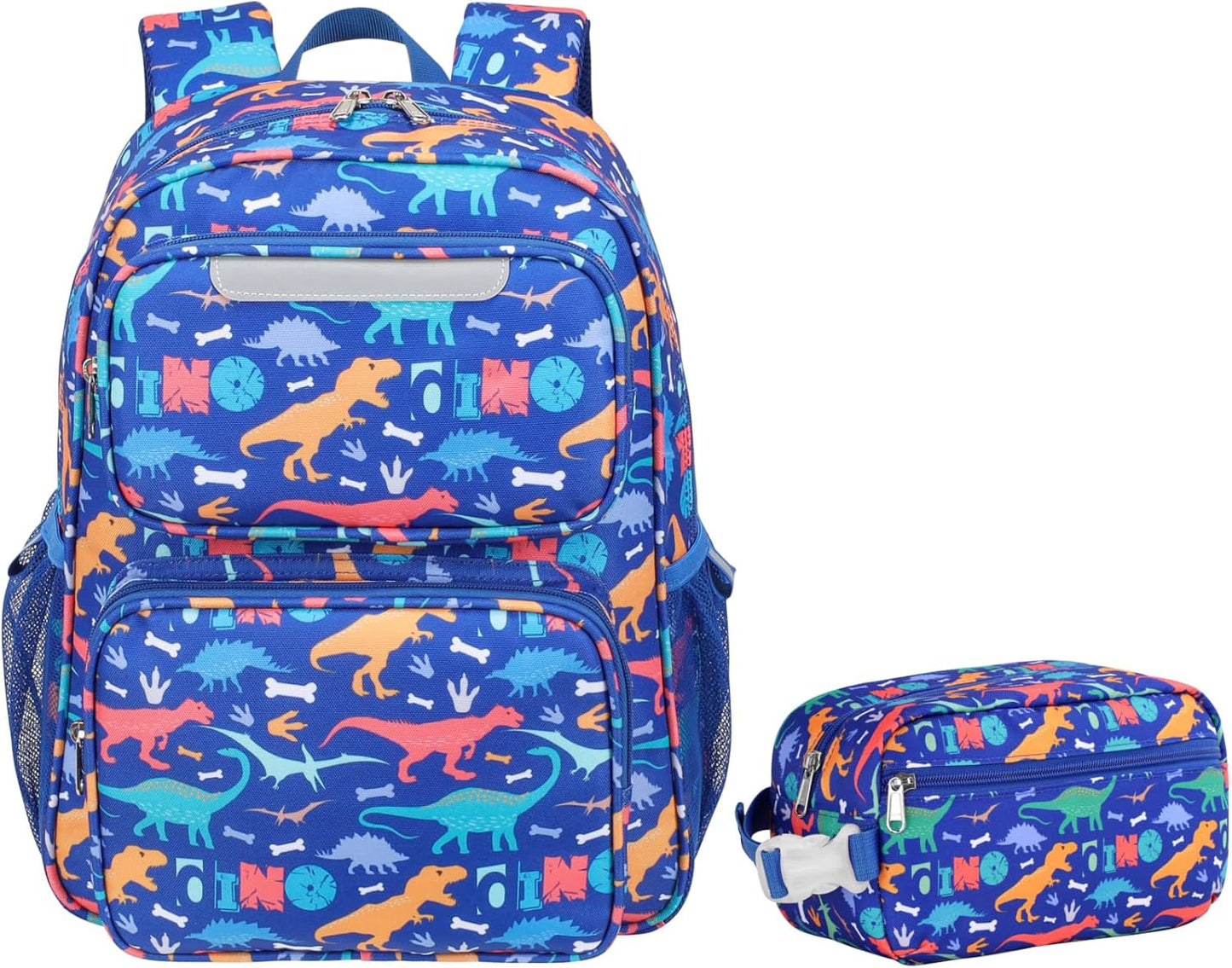 Kids Backpack with Insulated Snack Bag - 15 Inch Backpack for Boys 3 to 8, Lightweight Bookbag for Preschool Kindergarten Elementary School, Safe Reflective Stripe, Blue Dinosaur