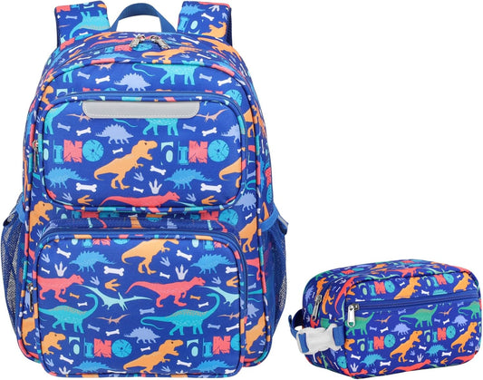 Kids Backpack with Insulated Snack Bag - 15 Inch Backpack for Boys 3 to 8, Lightweight Bookbag for Preschool Kindergarten Elementary School, Safe Reflective Stripe, Blue Dinosaur
