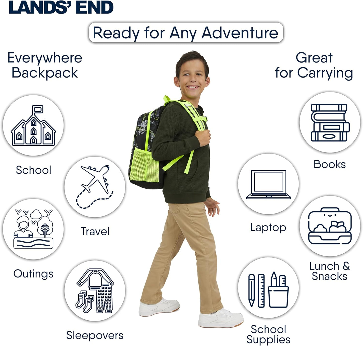 Lands' End Unisex Kids Medium ClassMate Lightweight Durable Elementary School Backpack, Black Highlight