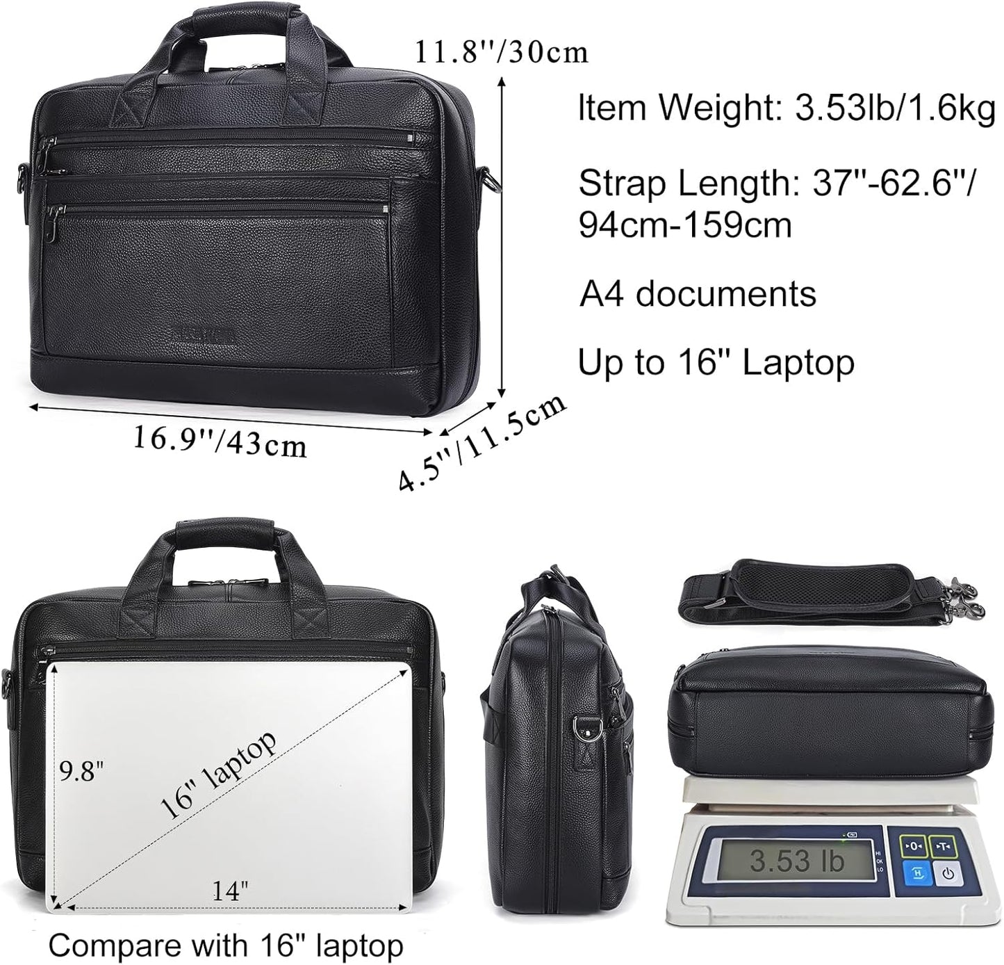 Masa Kawa Men’s Leather Briefcase for 16" Laptop Waterproof Crossbody Shoulder Messenger Bag Computer Attache Case for Business Travel Work, Black